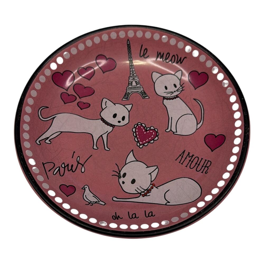 Whisker City Paris Cat Saucer Dish Pink Ceramic Shallow Bowl Treats Trinket Tray